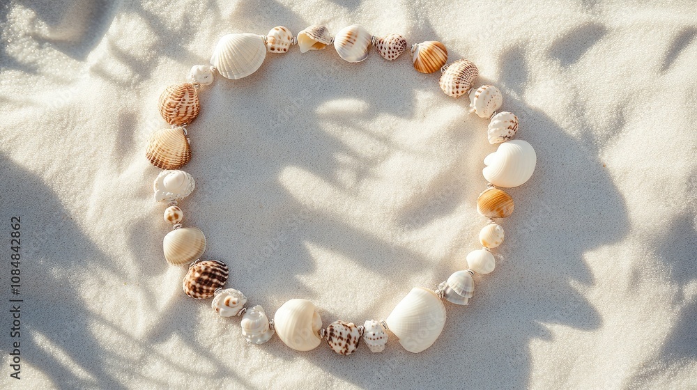 Poster beautiful natural shell necklace displayed on soft fabric with gentle shadows highlighting unique te