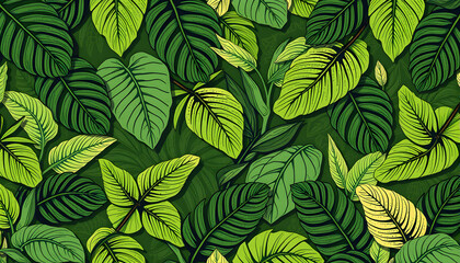 Fototapeta premium Tropical green vintage wallpaper pattern, comic art