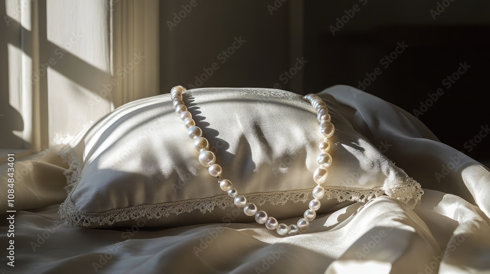 Poster elegant string of pearls draped on a soft satin pillow, illuminated by gentle sunlight, creating a s