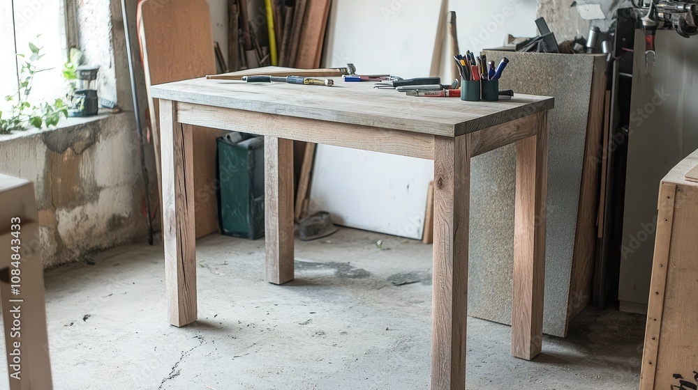 Poster rustic wooden table in artisanal workshop surrounded by tools, creative workspace with natural light