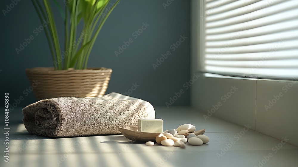 Poster serene spa setup with soft towel, soap, and smooth stones in bright sunlight filtering through the w