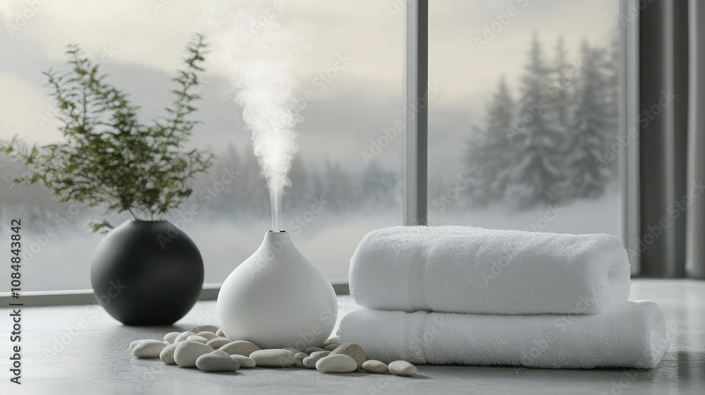 Aufkleber minimalist spa setting with aroma diffuser, white towels, smooth stones, and greenery against a sere