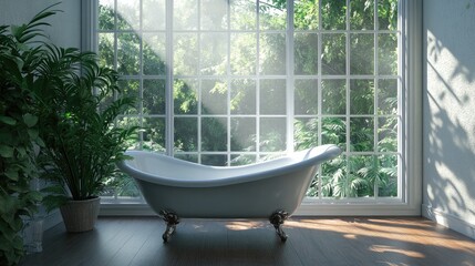 Fototapeta premium Elegant White Bathtub in Bright Bathroom Surrounded by Lush Greenery with Large Windows Providing Natural Light and Inviting Atmosphere for Relaxation