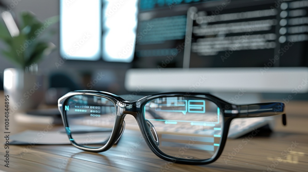 Poster A pair of traditional glasses with augmented reality lenses displaying a virtual to-do list, placed on a minimalist workspace