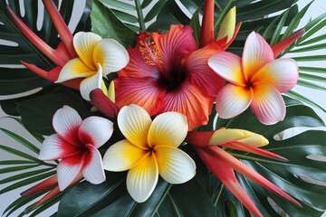 Fototapeta premium A vibrant tropical floral arrangement featuring large, colorful hibiscus and plumeria flowers in shades of deep red, bright yellow,