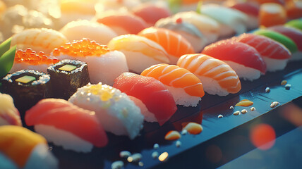 A colorful assortment of sushi displayed elegantly on a black platter during a sunset meal