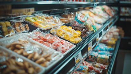 Obraz premium Colorful assortment of packaged snacks and sweets displayed in a supermarket aisle