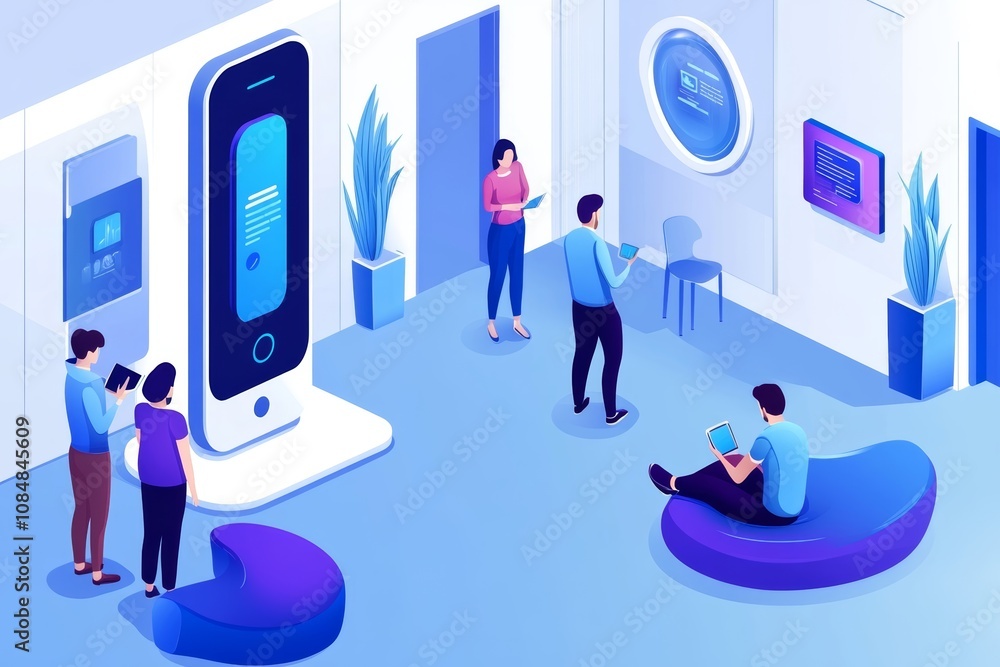 Poster modern office workspace with interactive technology and futuristic design elements