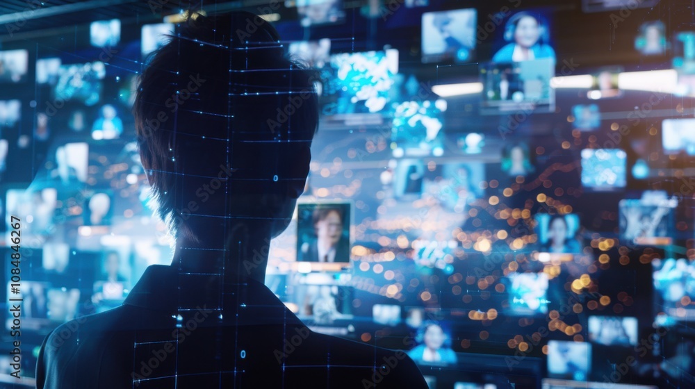 Poster A person attending a virtual meeting with colleagues from around the world, symbolizing global connectivity and remote work, Virtual meeting scene
