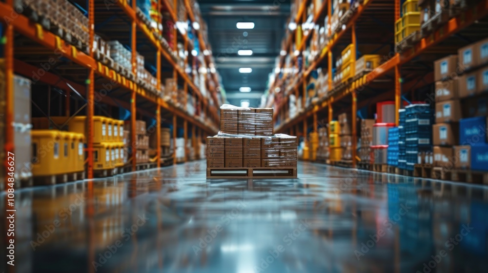 Poster a large warehouse with rows of shelves and pallets stacked with boxes.