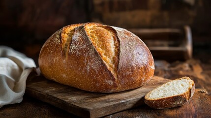 A freshly baked loaf of bread on a wooden board, showcasing its crusty exterior and soft interior.