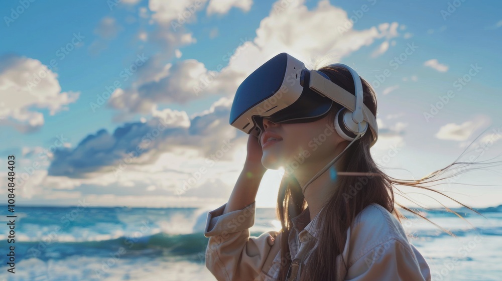 Poster a person enjoying a virtual travel experience through vr goggles, symbolizing the accessibility and 