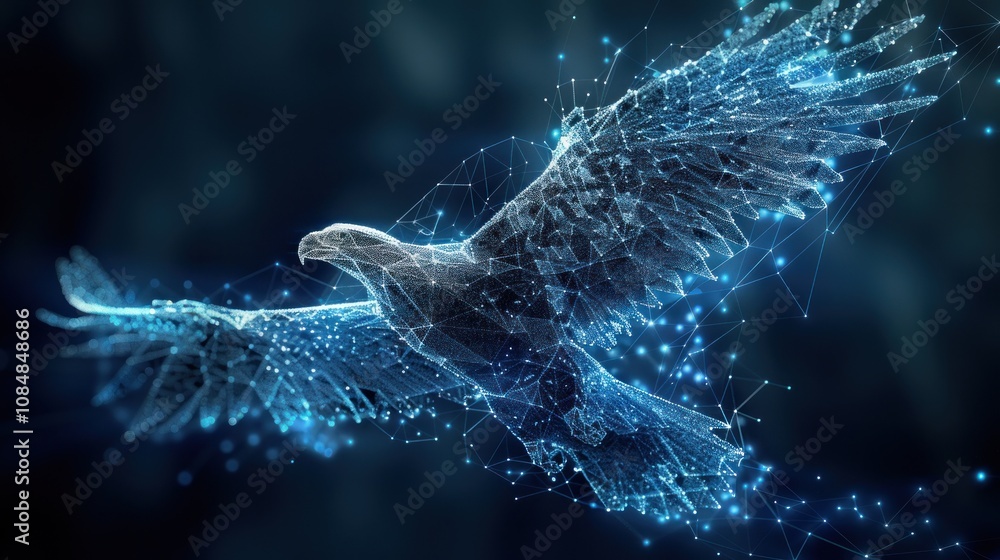 Poster a digital rendering of an eagle in flight with a blue glow.