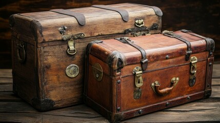 Two vintage wooden trunk with metal accents, used for storage or travel.