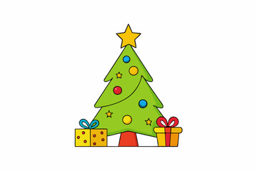 Cartoon Christmas Tree with Gifts and Ornaments - Flat Design Vector.