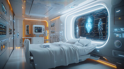 futuristic hospital room featuring advanced technology and AI powered care. sleek design includes high tech bed, interactive displays, and clean, sterile environment