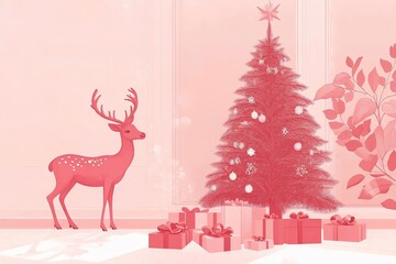 Artistic composition in pink colors with Christmas tree, deer and gifts. Festive New Year concept. Generative AI illustration for cover, card, postcard with generative ai