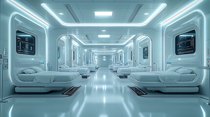 futuristic hospital ward featuring advanced AI technology, sleek design, and clean lines. space is bright and sterile, showcasing modern medical equipment and patient beds