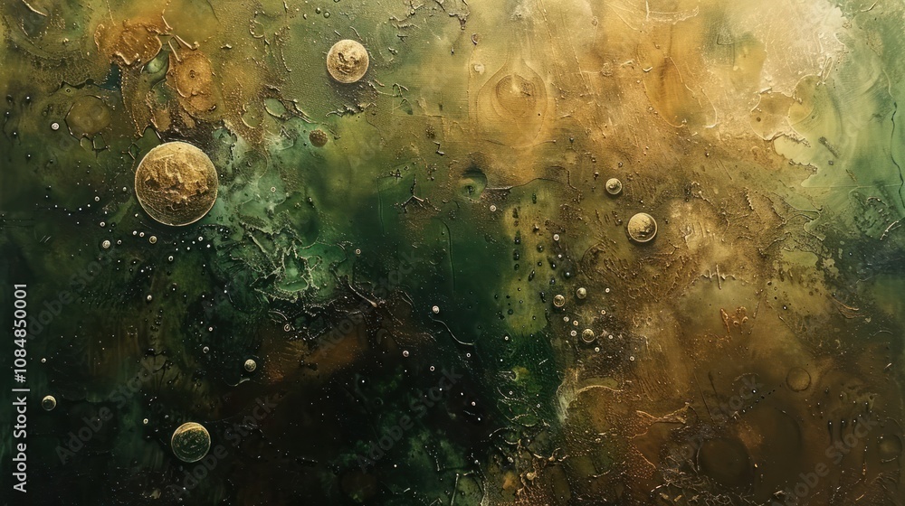Aufkleber abstract green and gold textured background with swirling patterns and orbs.