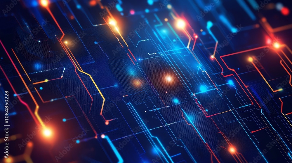 Poster abstract digital circuitry with glowing light, representing technology and connectivity.