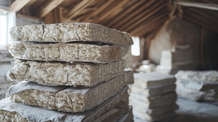 Natural fiber insulation stacked in an attic under renovation for energy efficiency