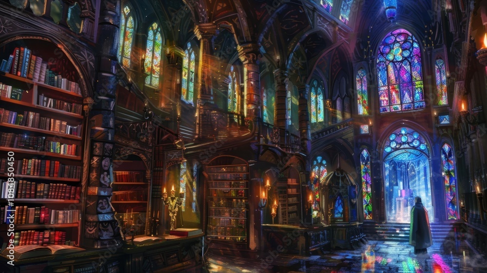 Poster the wizards tower is adorned with intricate stained glass windows each pane made of enchanted crysta