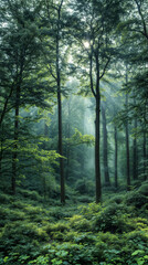 Obraz premium This image captures a serene forest scene, with towering trees, a clearing, and a hint of mist in the distance.