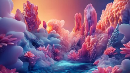 A surreal landscape featuring vibrant, organic shapes and colorful flora surrounding a tranquil waterway.