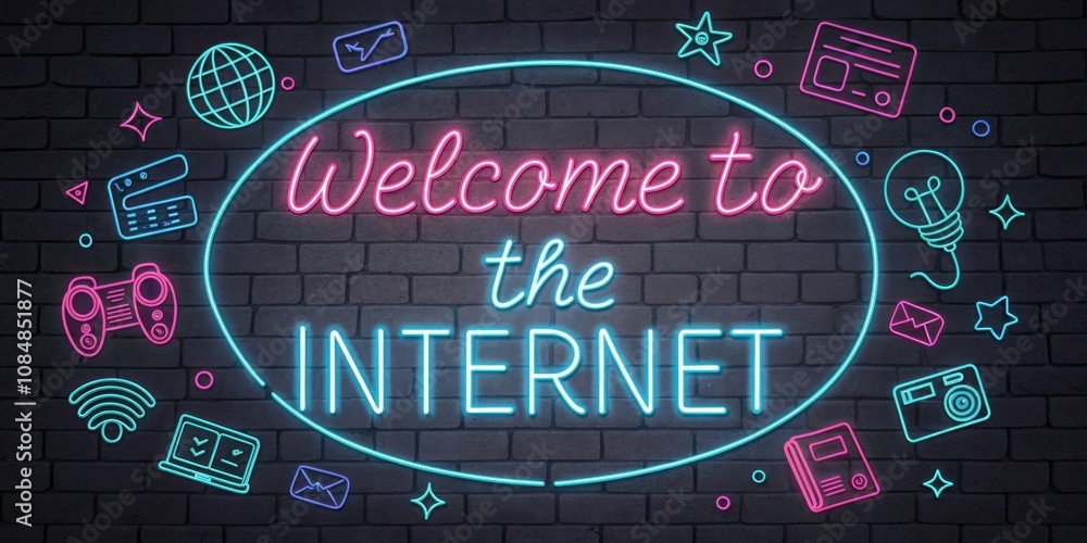 Poster a rounded neon sign with a playful bouncy font in light pink and blue reading welcome to the interne
