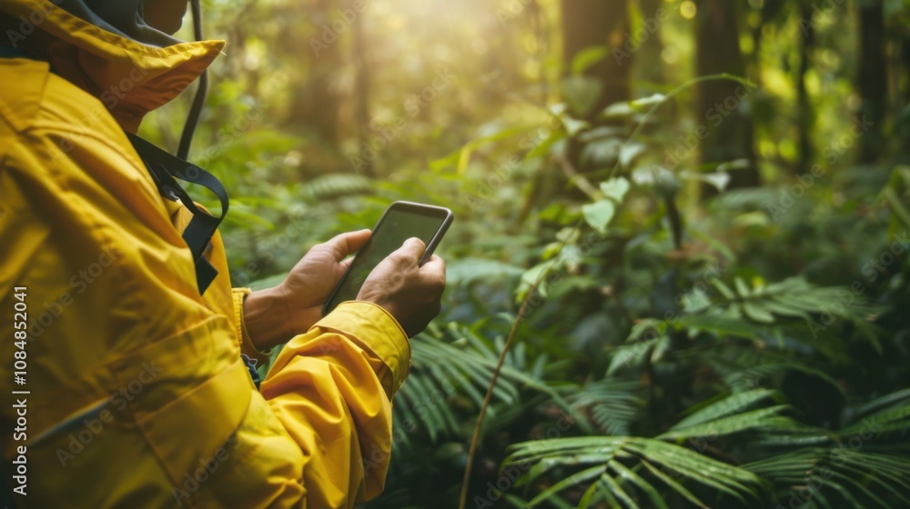 Poster A person navigating through a forest with a GPS device, symbolizing the blend of technology and nature in modern exploration, Forest navigation scene