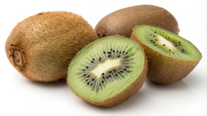 Fototapeta premium A Close-up of Juicy, Ripe Kiwis, One Cut in Half Revealing its Vibrant Green Interior and Tiny Black Seeds
