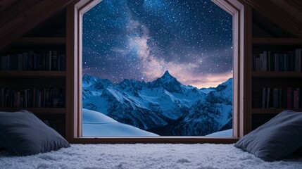 A cozy window view reveals a starry night over snowy mountains, creating a serene winter atmosphere.
