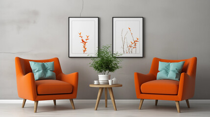MidCentury Modern Living Room Orange Armchairs Botanical Prints Coffee Table