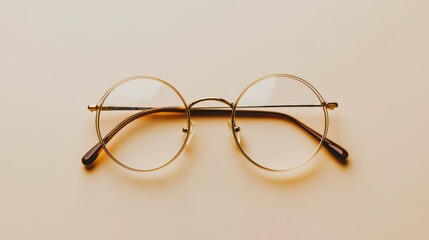 A pair of round, gold-rimmed eyeglasses on a light brown background.