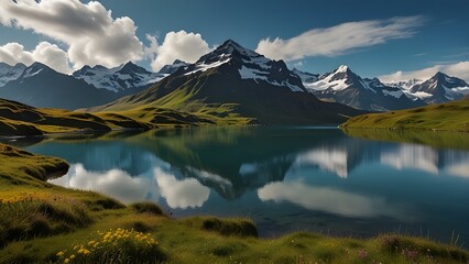 Fototapeta premium Scenic view on Bernese range above Bachalpsee lake. Popular tourist attraction. Location place Swiss alps, Grindelwald valley, Europe. Generative AI