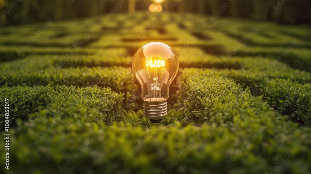Aufkleber lightbulb glowing at the center of a hedge maze, representing creativity and innovation in solving c