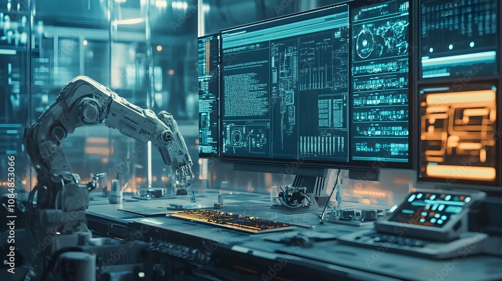 Aufkleber A high-tech laboratory with a 3D-rendered robot and 2D digital interfaces for AI development. 4k resolution, Cinematic Scene
