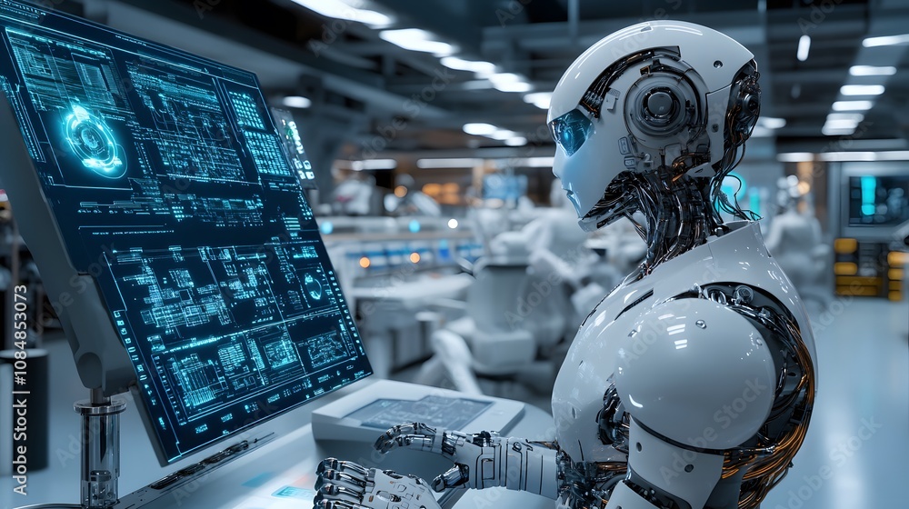 Aufkleber A high-tech laboratory with a 3D-rendered robot and 2D digital interfaces for AI development. 4k resolution, Cinematic Scene