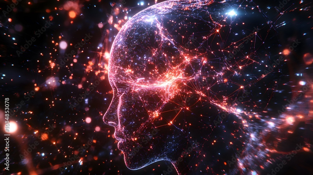 Poster A 3D-rendered AI mind with glowing pathways, set against a 2D network of artificial intelligence nodes. 4k resolution, Cinematic Scene
