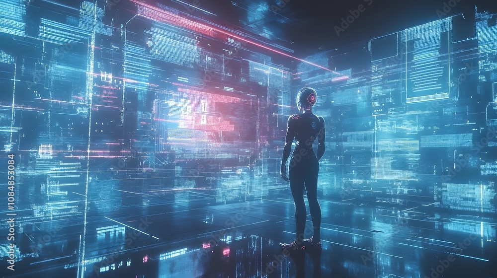 Poster a futuristic office with a humanoid ai assistant in 3d, surrounded by 2d holographic data screens. 4