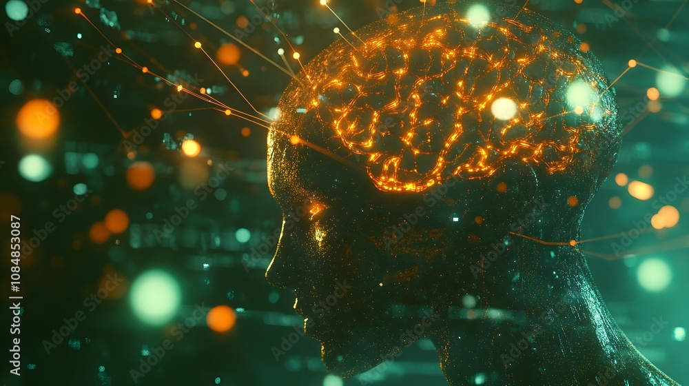 Poster A 3D-rendered AI mind with glowing pathways, set against a 2D network of artificial intelligence nodes. 4k resolution, Cinematic Scene