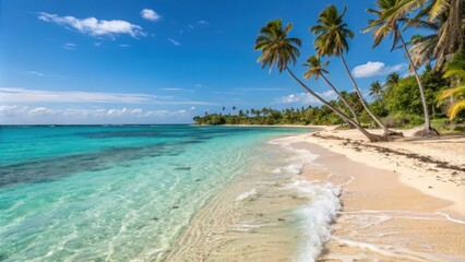 Fototapeta premium Idyllic tropical beach scene with leaning palm trees, clear turquoise water, and soft white sand