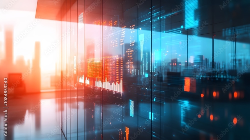 Poster A futuristic office with a 3D AI assistant and 2D holographic layers of analytics on digital screens. 4k resolution, Cinematic Scene