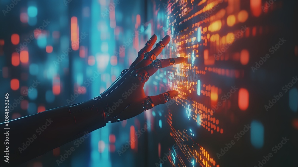 Poster A 3D-rendered robotic hand reaching out to a 2D holographic interface of artificial intelligence data. 4k resolution, Cinematic Scene