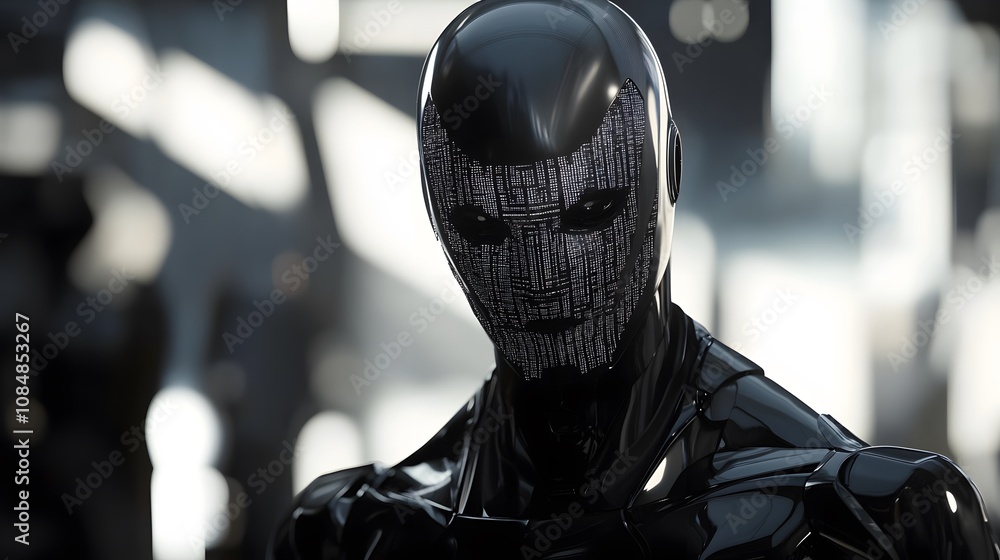 Fototapete a sleek humanoid ai in 3d with layered 2d digital patterns, representing the fusion of intelligence 