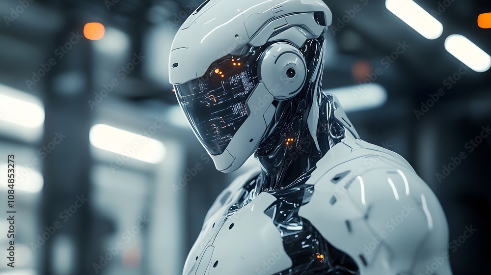 Aufkleber A sleek humanoid AI in 3D with layered 2D digital patterns, representing the fusion of intelligence and technology. 4k resolution, Cinematic Scene