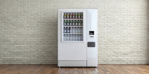 A modern white beverage vending machine against a clean brick wall, displaying various bottled drinks