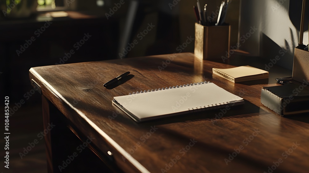 Poster A close-up of a wooden desk with a simple notepad and pen, emphasizing sharp details and minimalist organization. Cinematic Scene, 4k resolution, cinematic scene