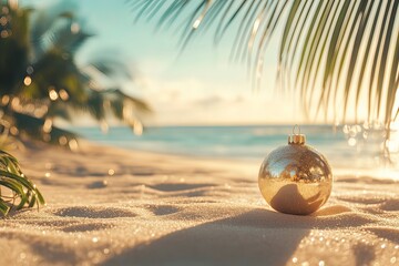 Tropic Christmas ornaments on magic exotic sandy beach against ocean background at golden hour. Happy holidays and festive celebration concept. Creative Christmas and new with generative ai