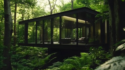 A modern glass house in the woods, with lush greenery and sharp details of architectural design blending with nature. Cinematic Scene, 4k resolution, cinematic scene